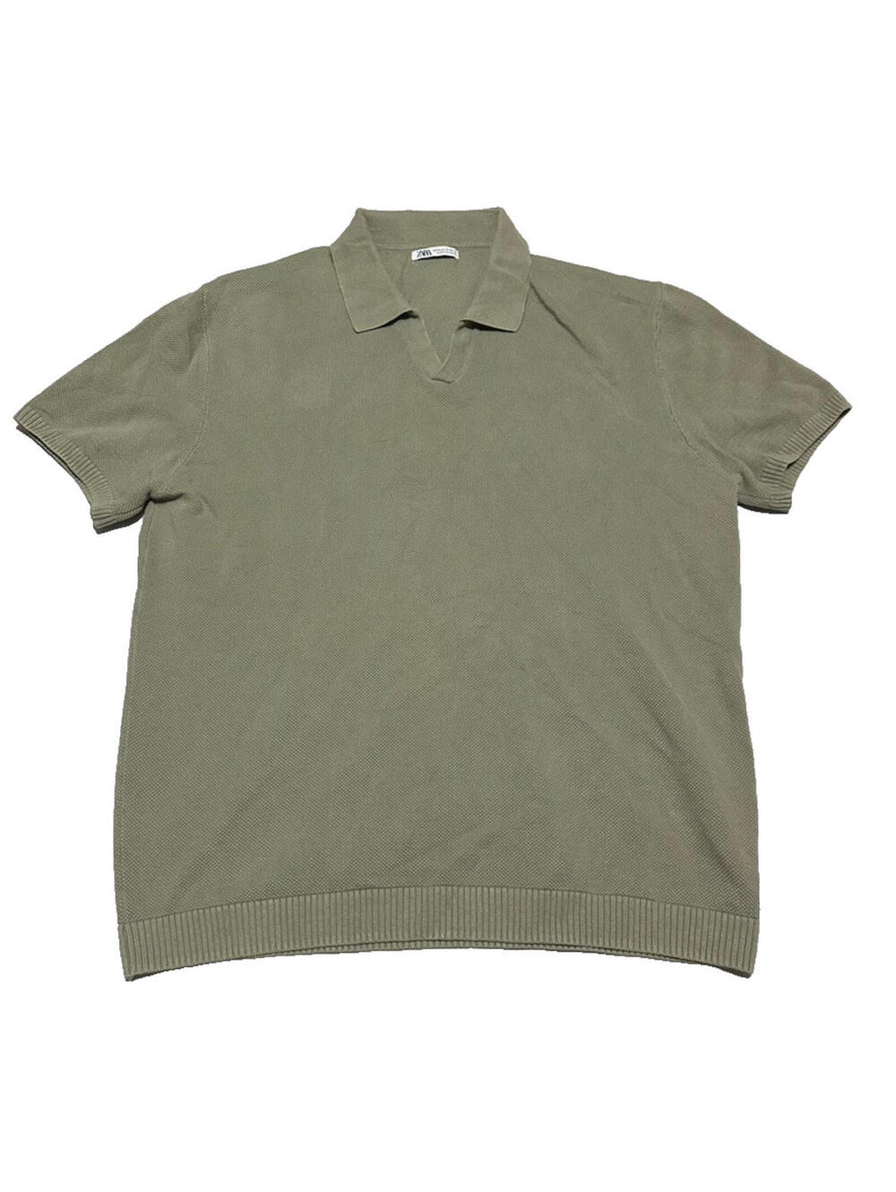 Zara Cotton Blend Knit Polo Shirt Men XL Green Short Sleeve Collared Solid